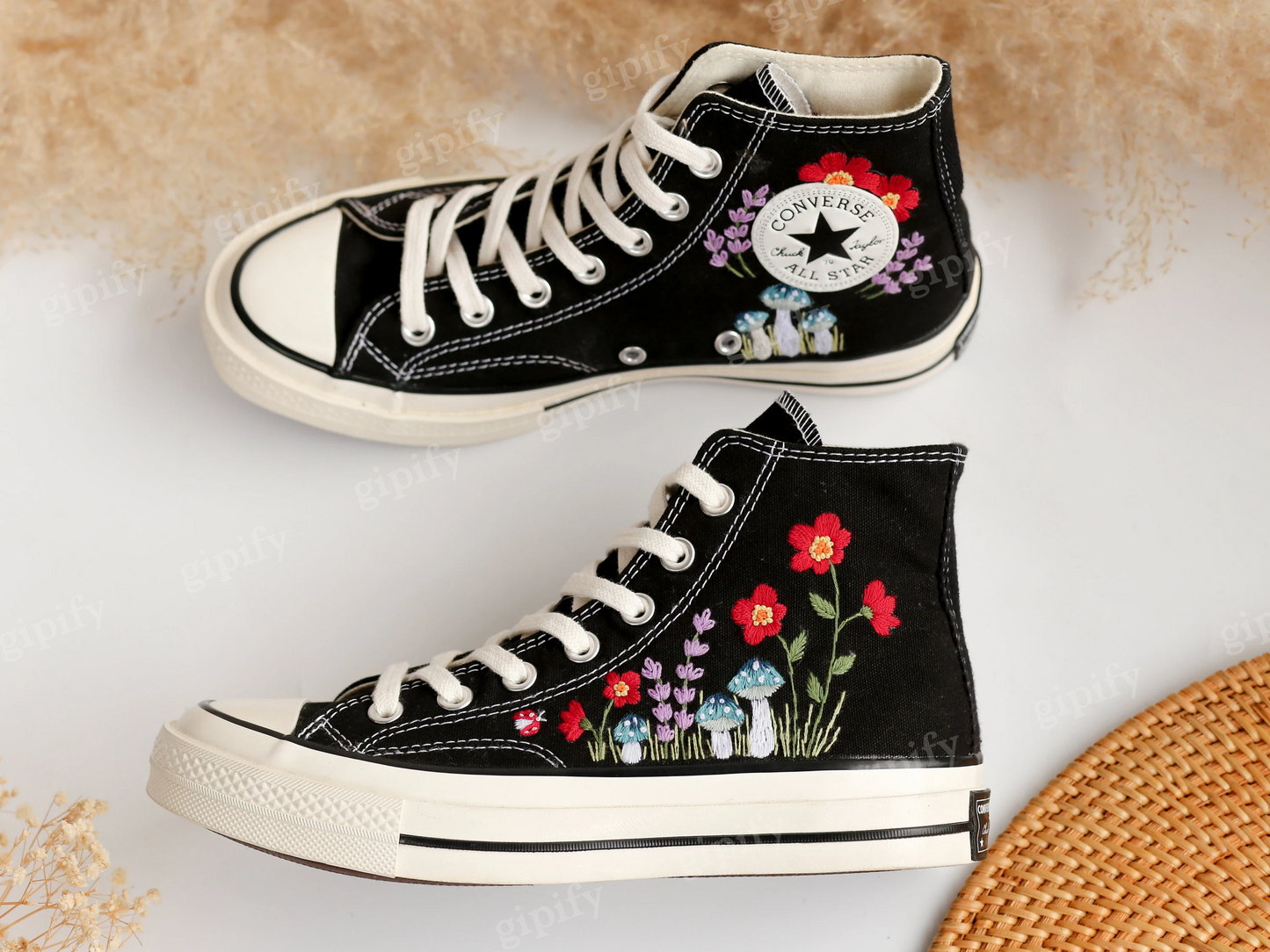 Embroidered Converse, Custom Converse Embroidered Blue Mushrooms and Red Flowers, Mushrooms Embroidered Shoes, Mushrooms Embroidered Sneaker