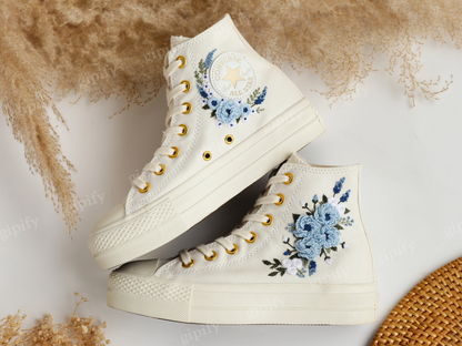 Embroidered Converse Platform, Wedding Converse Embroidery Dusty Blue Floral, Wedding Flowers Embroidered Sneakers, Wedding Shoes for Bridal