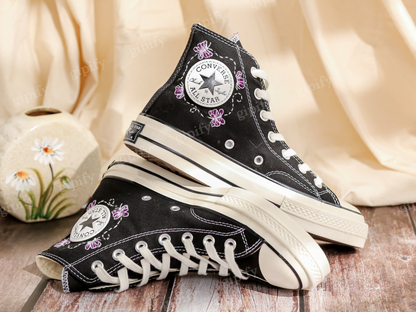 Embroidered Converse High Tops, Daisy, Lavender Flowers Embroidered Shoes, Converse Embroidery Butterfly, Floral, Anniversary Gifts for Her