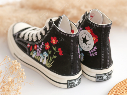 Embroidered Converse, Custom Converse Embroidered Blue Mushrooms and Red Flowers, Mushrooms Embroidered Shoes, Mushrooms Embroidered Sneaker