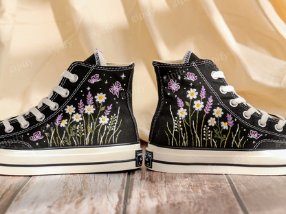 Embroidered Converse High Tops, Daisy, Lavender Flowers Embroidered Shoes, Converse Embroidery Butterfly, Floral, Anniversary Gifts for Her