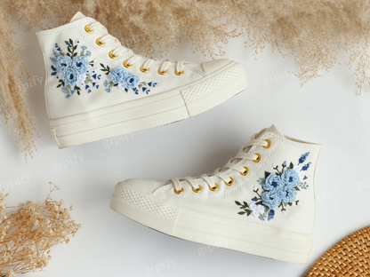 Embroidered Converse Platform, Wedding Converse Embroidery Dusty Blue Floral, Wedding Flowers Embroidered Sneakers, Wedding Shoes for Bridal