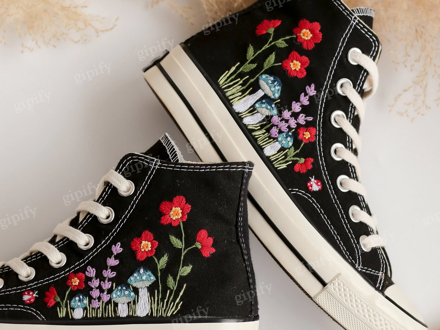 Embroidered Converse, Custom Converse Embroidered Blue Mushrooms and Red Flowers, Mushrooms Embroidered Shoes, Mushrooms Embroidered Sneaker