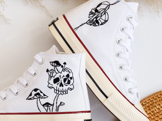 Custom Embroidered Converse High Tops, Ghost and Mushrooms Embroidered Shoes, Ghost, Skull, Gothic Embroidered Sneaker Custom, Gift for Him