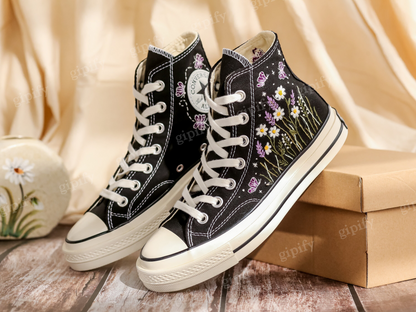 Embroidered Converse High Tops, Daisy, Lavender Flowers Embroidered Shoes, Converse Embroidery Butterfly, Floral, Anniversary Gifts for Her