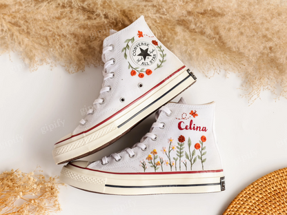 Custom Converse Chuck Taylor Flower Embroidered Converse Custom, Embroidered Flower Shoes Custom, Personalized Bridal Sneaker Valentine Gift