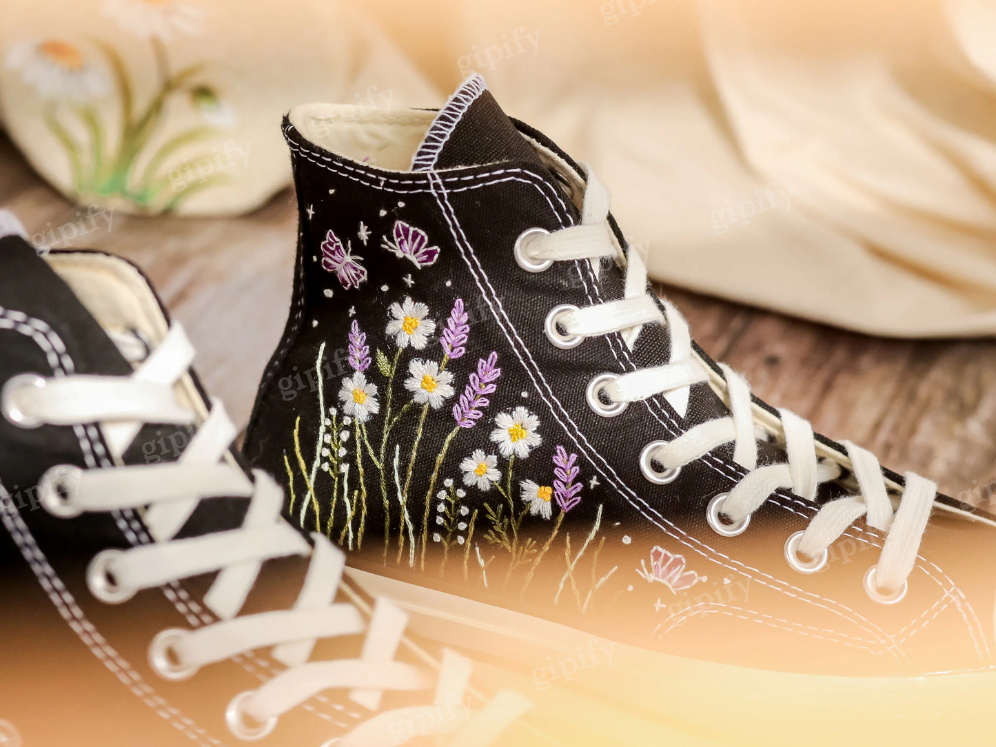 Embroidered Converse High Tops, Daisy, Lavender Flowers Embroidered Shoes, Converse Embroidery Butterfly, Floral, Anniversary Gifts for Her