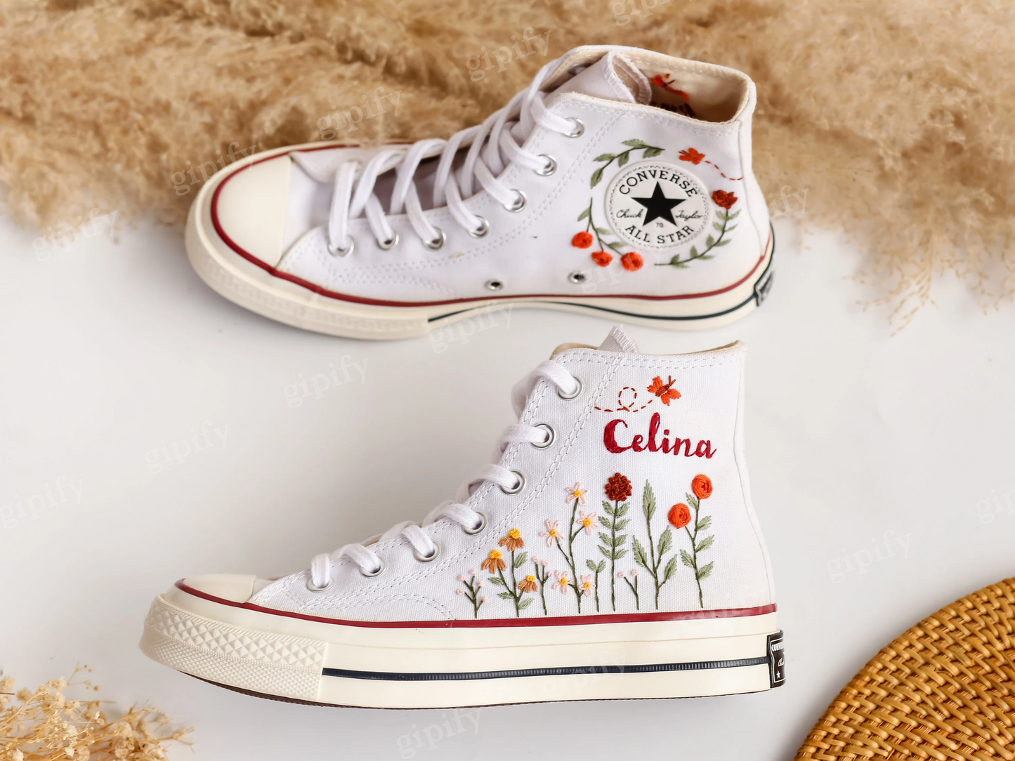 Custom Converse Chuck Taylor Flower Embroidered Converse Custom, Embroidered Flower Shoes Custom, Personalized Bridal Sneaker Valentine Gift