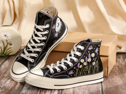 Embroidered Converse High Tops, Daisy, Lavender Flowers Embroidered Shoes, Converse Embroidery Butterfly, Floral, Anniversary Gifts for Her