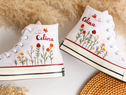 Custom Converse Chuck Taylor Flower Embroidered Converse Custom, Embroidered Flower Shoes Custom, Personalized Bridal Sneaker Valentine Gift