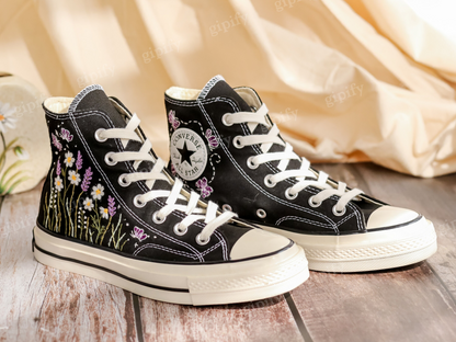 Embroidered Converse High Tops, Daisy, Lavender Flowers Embroidered Shoes, Converse Embroidery Butterfly, Floral, Anniversary Gifts for Her