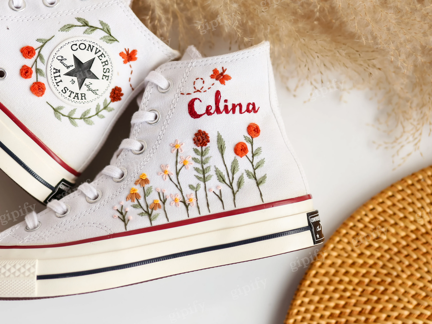 Custom Converse Chuck Taylor Flower Embroidered Converse Custom, Embroidered Flower Shoes Custom, Personalized Bridal Sneaker Valentine Gift