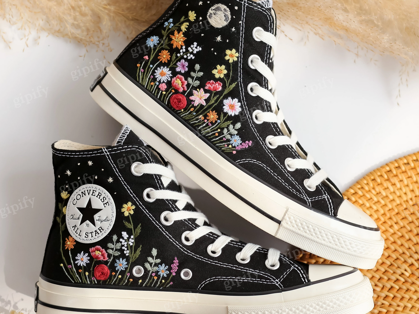 Custom Embroidered Converse, Gardens Flower & Moon Embroidered Shoes, Peony, Poppies, Rose, Daisy Embroidered Sneakers, Unique Gifts for Her