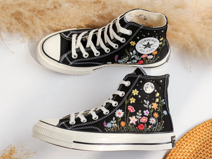 Custom Embroidered Converse, Gardens Flower & Moon Embroidered Shoes, Peony, Poppies, Rose, Daisy Embroidered Sneakers, Unique Gifts for Her