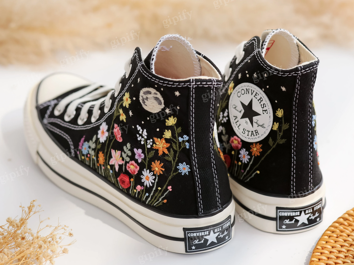 Custom Embroidered Converse, Gardens Flower & Moon Embroidered Shoes, Peony, Poppies, Rose, Daisy Embroidered Sneakers, Unique Gifts for Her