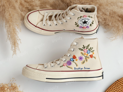 Embroidered Comverse, Wedding Sneakers for Bride, Bridal Flowers Embroidered Shoes Custom ,Personalized Embroidered Name, Wedding Gifts