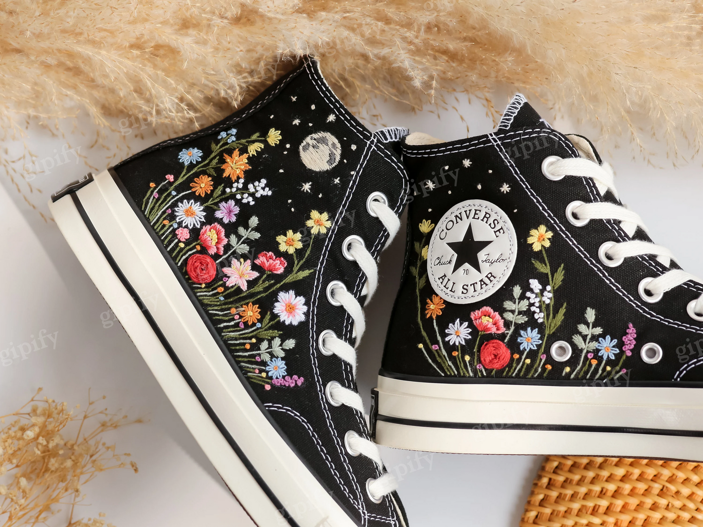 Custom Embroidered Converse, Gardens Flower & Moon Embroidered Shoes, Peony, Poppies, Rose, Daisy Embroidered Sneakers, Unique Gifts for Her