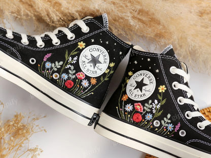 Custom Embroidered Converse, Gardens Flower & Moon Embroidered Shoes, Peony, Poppies, Rose, Daisy Embroidered Sneakers, Unique Gifts for Her