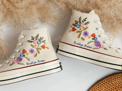 Embroidered Comverse, Wedding Sneakers for Bride, Bridal Flowers Embroidered Shoes Custom ,Personalized Embroidered Name, Wedding Gifts