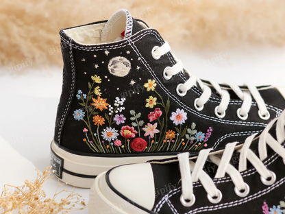 Custom Embroidered Converse, Gardens Flower & Moon Embroidered Shoes, Peony, Poppies, Rose, Daisy Embroidered Sneakers, Unique Gifts for Her