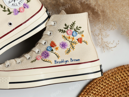 Embroidered Comverse, Wedding Sneakers for Bride, Bridal Flowers Embroidered Shoes Custom ,Personalized Embroidered Name, Wedding Gifts