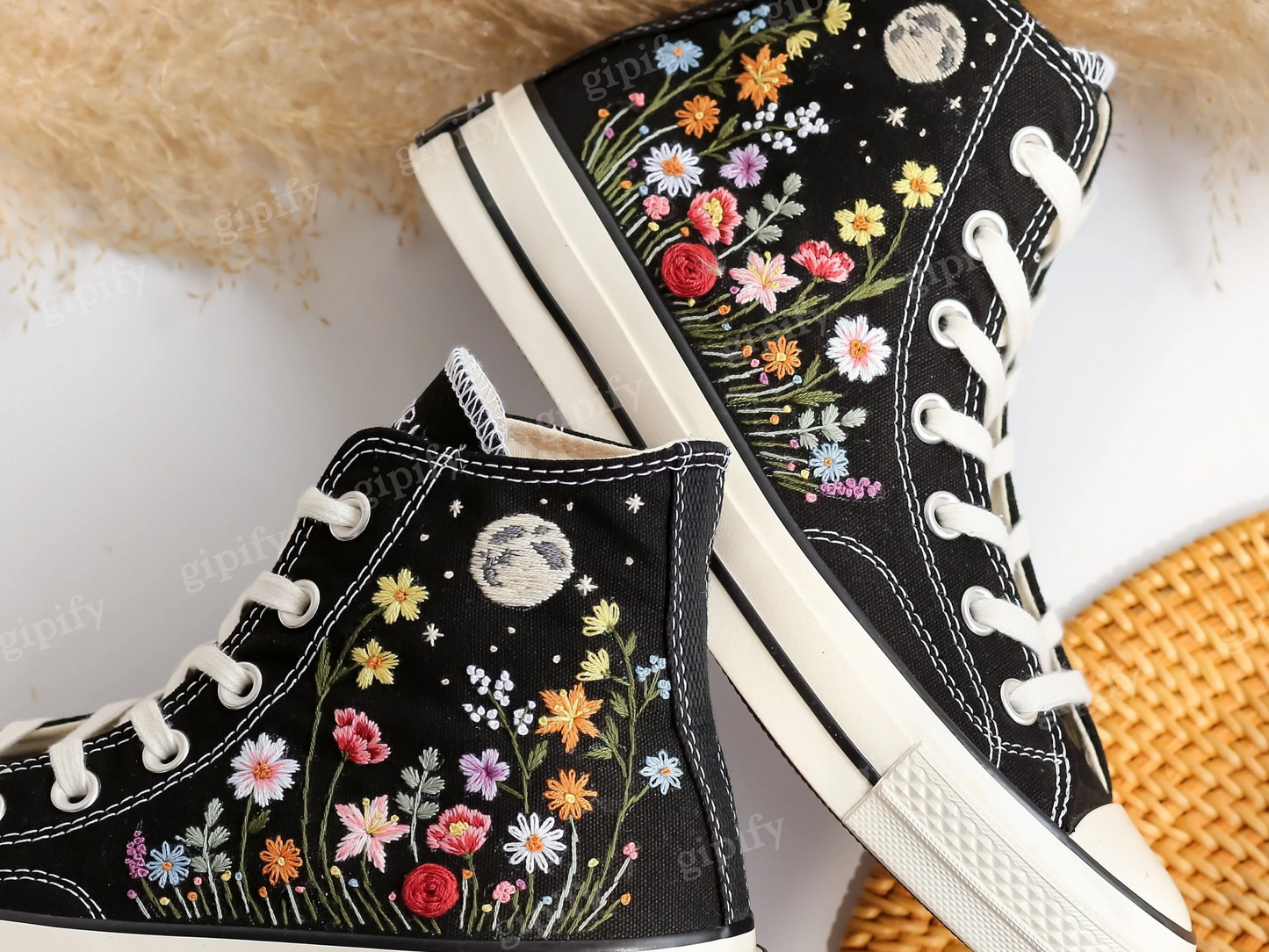 Custom Embroidered Converse, Gardens Flower & Moon Embroidered Shoes, Peony, Poppies, Rose, Daisy Embroidered Sneakers, Unique Gifts for Her