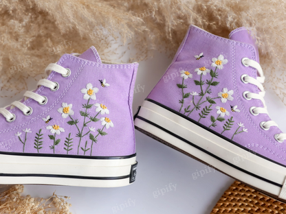 Custom Converse Chuck Taylor Daisy Flower Embroidered Converse Shoes, Daisy Flower and Bee Embroidered Converse Custom, Valentine Gift