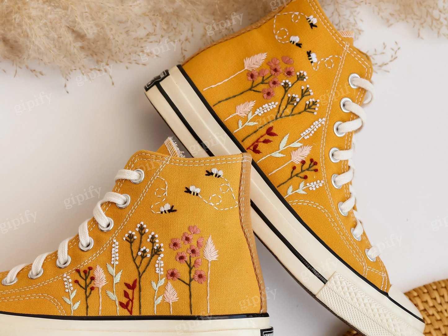 Custom Converse All Star High Tops 1970 Embroidered Floral and Bee, Yellow Platform Chuck Taylor Sneakers Embroidered Flower Valentine Gifts