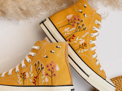 Custom Converse All Star High Tops 1970 Embroidered Floral and Bee, Yellow Platform Chuck Taylor Sneakers Embroidered Flower Valentine Gifts