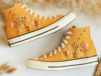 Custom Converse All Star High Tops 1970 Embroidered Floral and Bee, Yellow Platform Chuck Taylor Sneakers Embroidered Flower Valentine Gifts