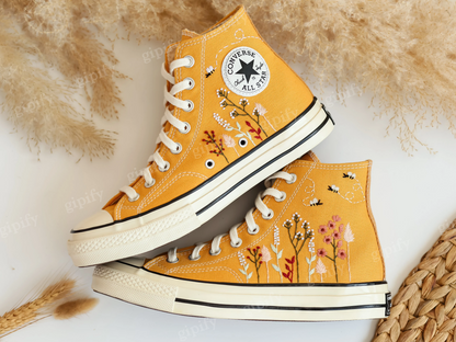 Custom Converse All Star High Tops 1970 Embroidered Floral and Bee, Yellow Platform Chuck Taylor Sneakers Embroidered Flower Valentine Gifts