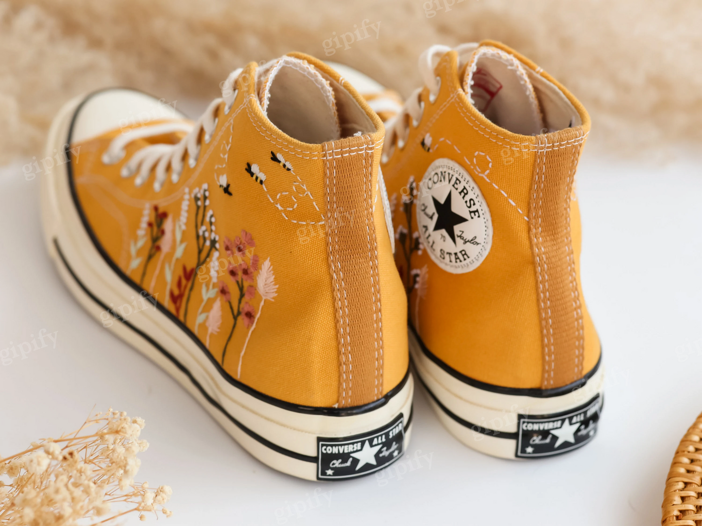 Custom Converse All Star High Tops 1970 Embroidered Floral and Bee, Yellow Platform Chuck Taylor Sneakers Embroidered Flower Valentine Gifts