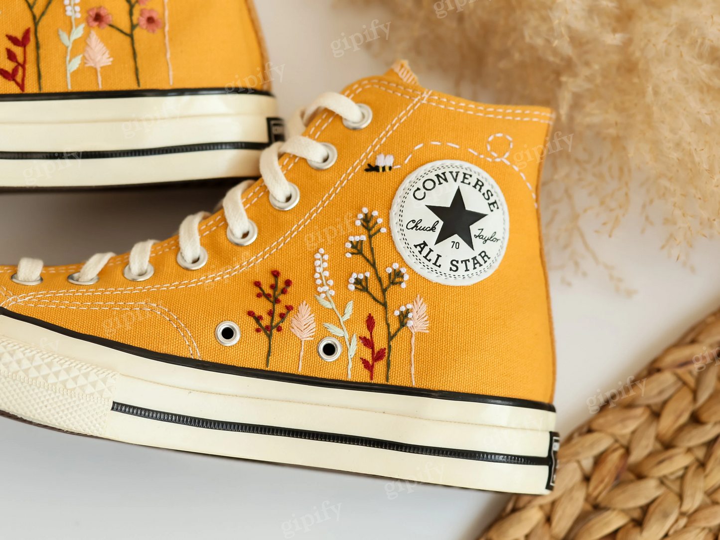 Custom Converse All Star High Tops 1970 Embroidered Floral and Bee, Yellow Platform Chuck Taylor Sneakers Embroidered Flower Valentine Gifts