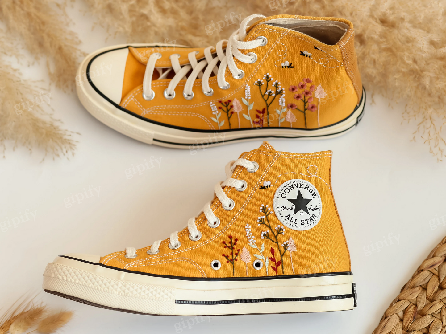 Custom Converse All Star High Tops 1970 Embroidered Floral and Bee, Yellow Platform Chuck Taylor Sneakers Embroidered Flower Valentine Gifts