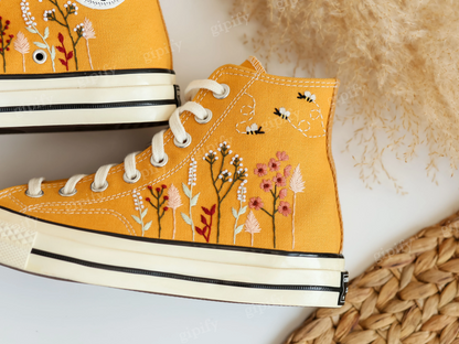 Custom Converse All Star High Tops 1970 Embroidered Floral and Bee, Yellow Platform Chuck Taylor Sneakers Embroidered Flower Valentine Gifts