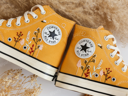 Custom Converse All Star High Tops 1970 Embroidered Floral and Bee, Yellow Platform Chuck Taylor Sneakers Embroidered Flower Valentine Gifts