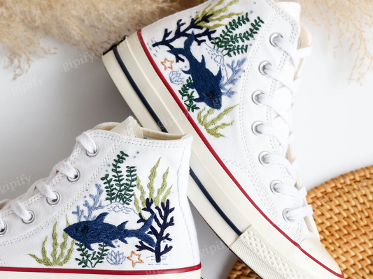 Custom Embroidered Converse High Tops, Shark Embroidered Shoes Custom, Custom Vans Embroidery Shark, Ocean Embroidered Sneakers, Personalized Shark Shoes