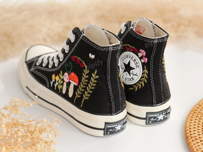 Custom Embroidered Converse High Tops, Mushrooms Embroidered Converse Custom, Flower, Mushrooms Embroidered Sneakers Custom, Mushroom Gifts