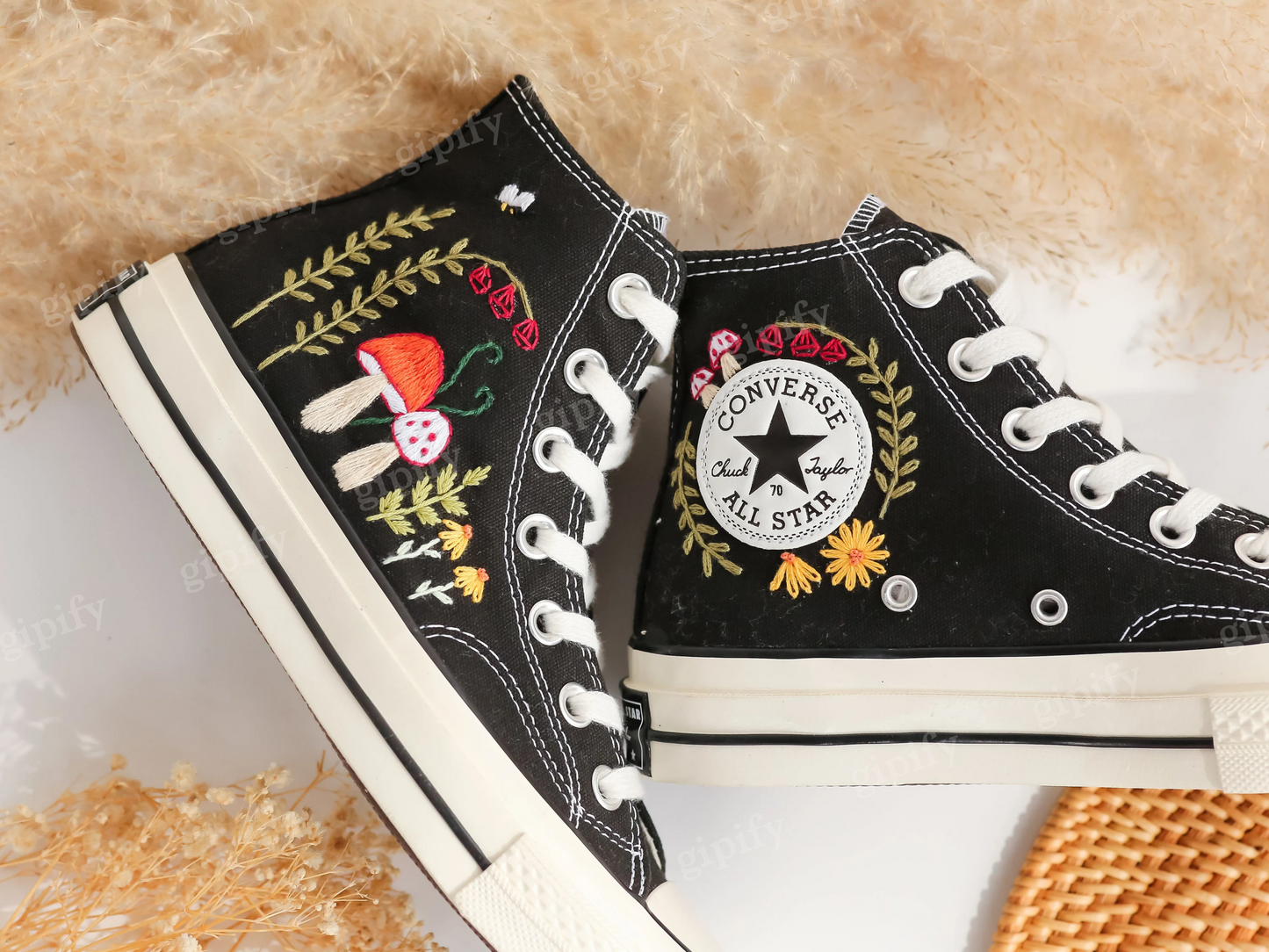 Custom Embroidered Converse High Tops, Mushrooms Embroidered Converse Custom, Flower, Mushrooms Embroidered Sneakers Custom, Mushroom Gifts