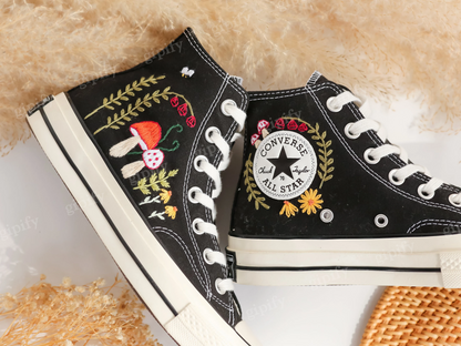 Custom Embroidered Converse High Tops, Mushrooms Embroidered Converse Custom, Flower, Mushrooms Embroidered Sneakers Custom, Mushroom Gifts