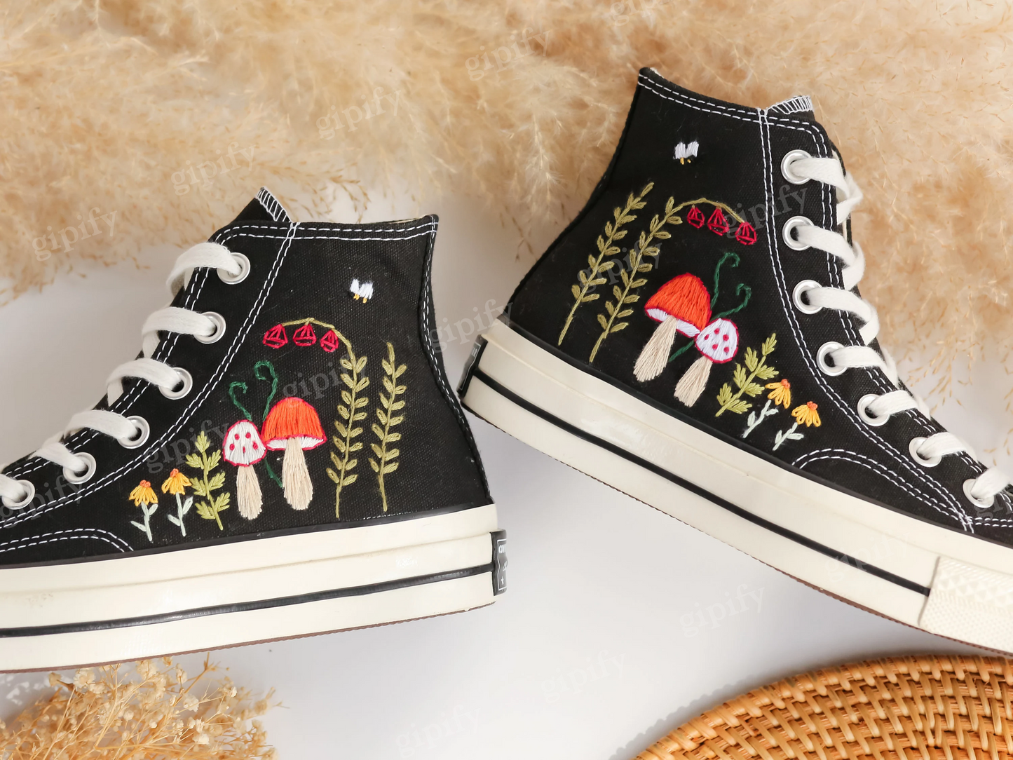 Custom Embroidered Converse High Tops, Mushrooms Embroidered Converse Custom, Flower, Mushrooms Embroidered Sneakers Custom, Mushroom Gifts