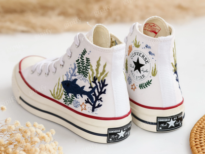 Custom Embroidered Converse High Tops, Shark Embroidered Shoes Custom, Custom Vans Embroidery Shark, Ocean Embroidered Sneakers, Personalized Shark Shoes