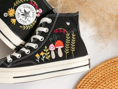 Custom Embroidered Converse High Tops, Mushrooms Embroidered Converse Custom, Flower, Mushrooms Embroidered Sneakers Custom, Mushroom Gifts