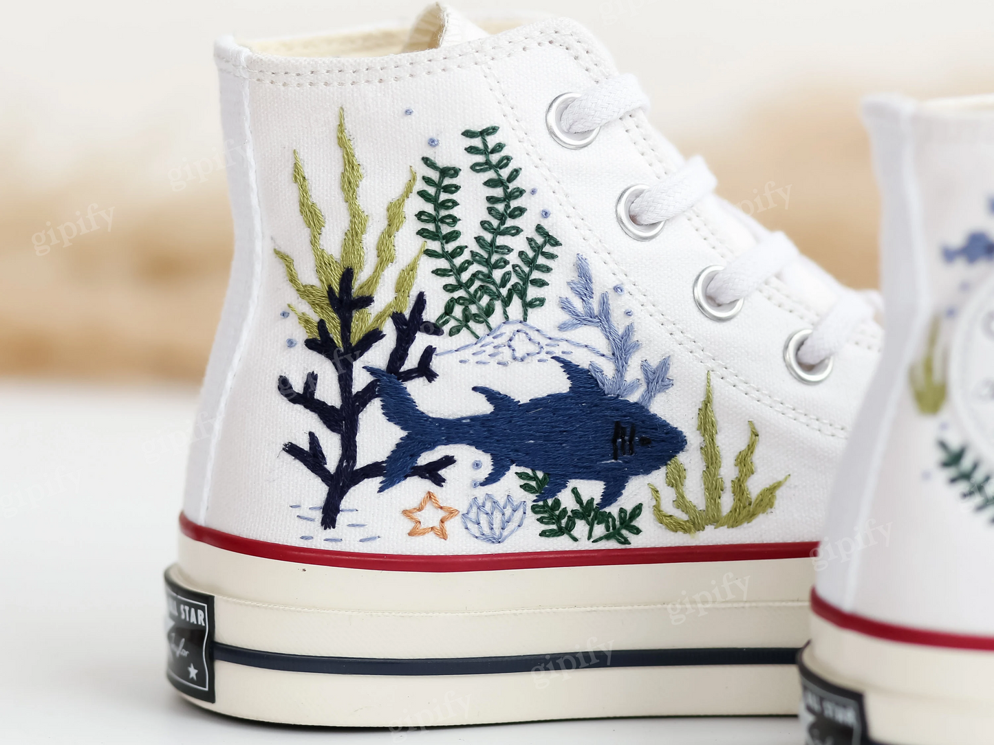 Custom Embroidered Converse High Tops, Shark Embroidered Shoes Custom, Custom Vans Embroidery Shark, Ocean Embroidered Sneakers, Personalized Shark Shoes