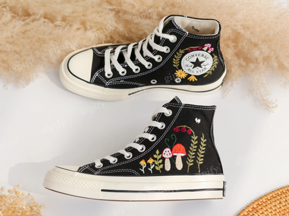 Custom Embroidered Converse High Tops, Mushrooms Embroidered Converse Custom, Flower, Mushrooms Embroidered Sneakers Custom, Mushroom Gifts