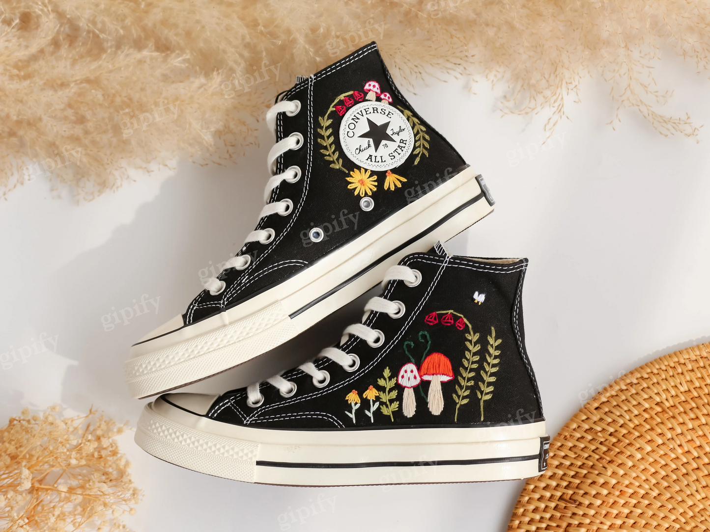 Custom Embroidered Converse High Tops, Mushrooms Embroidered Converse Custom, Flower, Mushrooms Embroidered Sneakers Custom, Mushroom Gifts