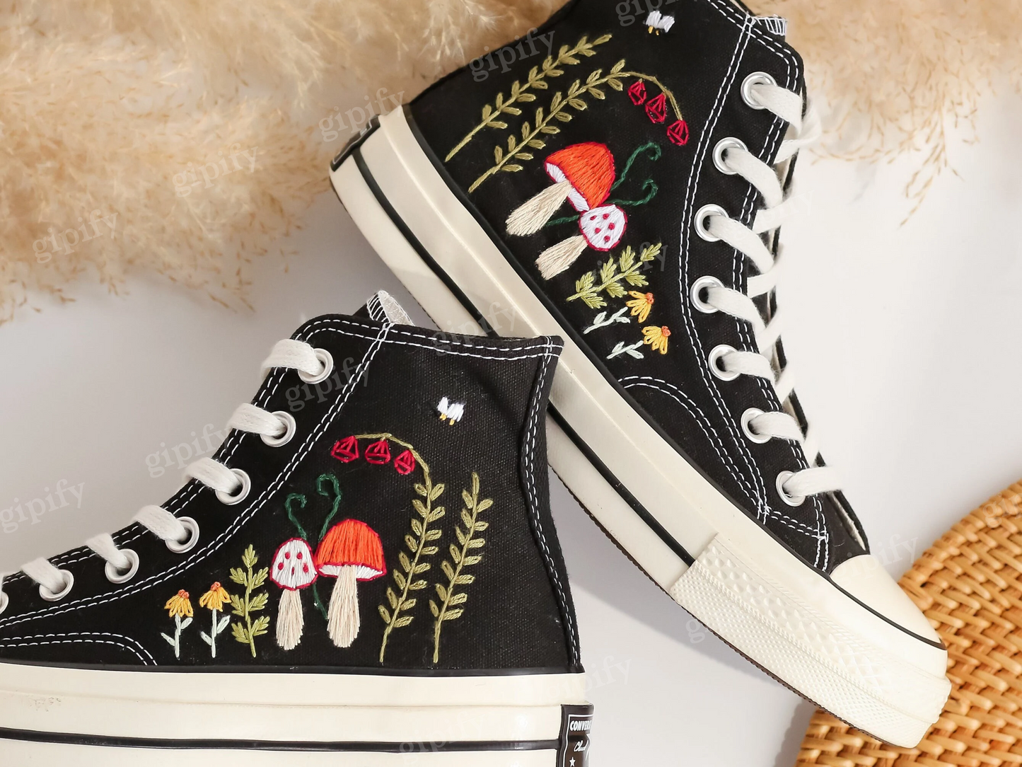 Custom Embroidered Converse High Tops, Mushrooms Embroidered Converse Custom, Flower, Mushrooms Embroidered Sneakers Custom, Mushroom Gifts