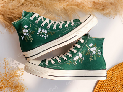 Custom Embroidered Converse High Tops, White Rose Embroidery Shoes Custom, Flower White Rose Embroidered Sneakers, Personalized Gift for Her