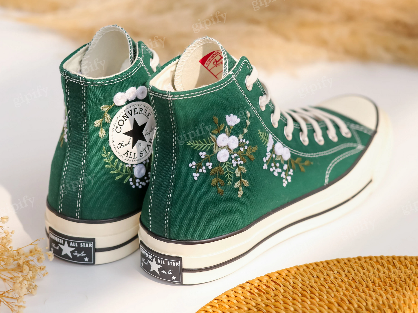 Custom Embroidered Converse High Tops, White Rose Embroidery Shoes Custom, Flower White Rose Embroidered Sneakers, Personalized Gift for Her