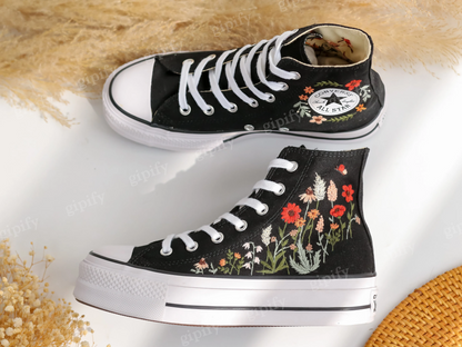 Custom Wedding Converse Platform, Bridal Flowers Embroidered Sneakers, Flowers Embroidered Converse for Wedding, Personalized Bridal Sneaker